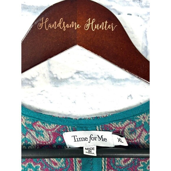 Time For Me Women Sz XL Turquoise Brocade Kimono Boho Print Cardigan Fringe T4 - Picture 10 of 12